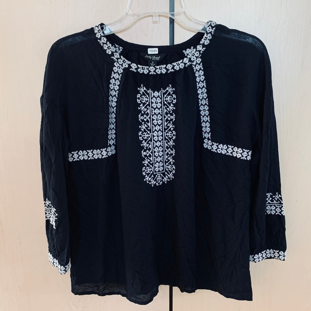 Lucky Brand‎ Women's 3/4 Sleeve Embroidered Peasant Top Blouse Navy Size Small